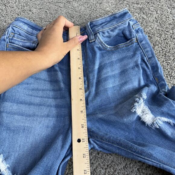 Cello Jeans Womens 3 Blue Medium Wash High Rise Distressed Flare Stretch Denim - Picture 5 of 13